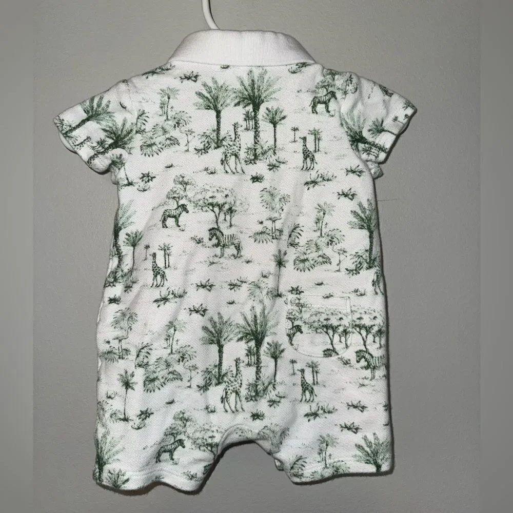 Janie and Jack Baby Tropical Toile Polo Romper Green and White Size 0-3months